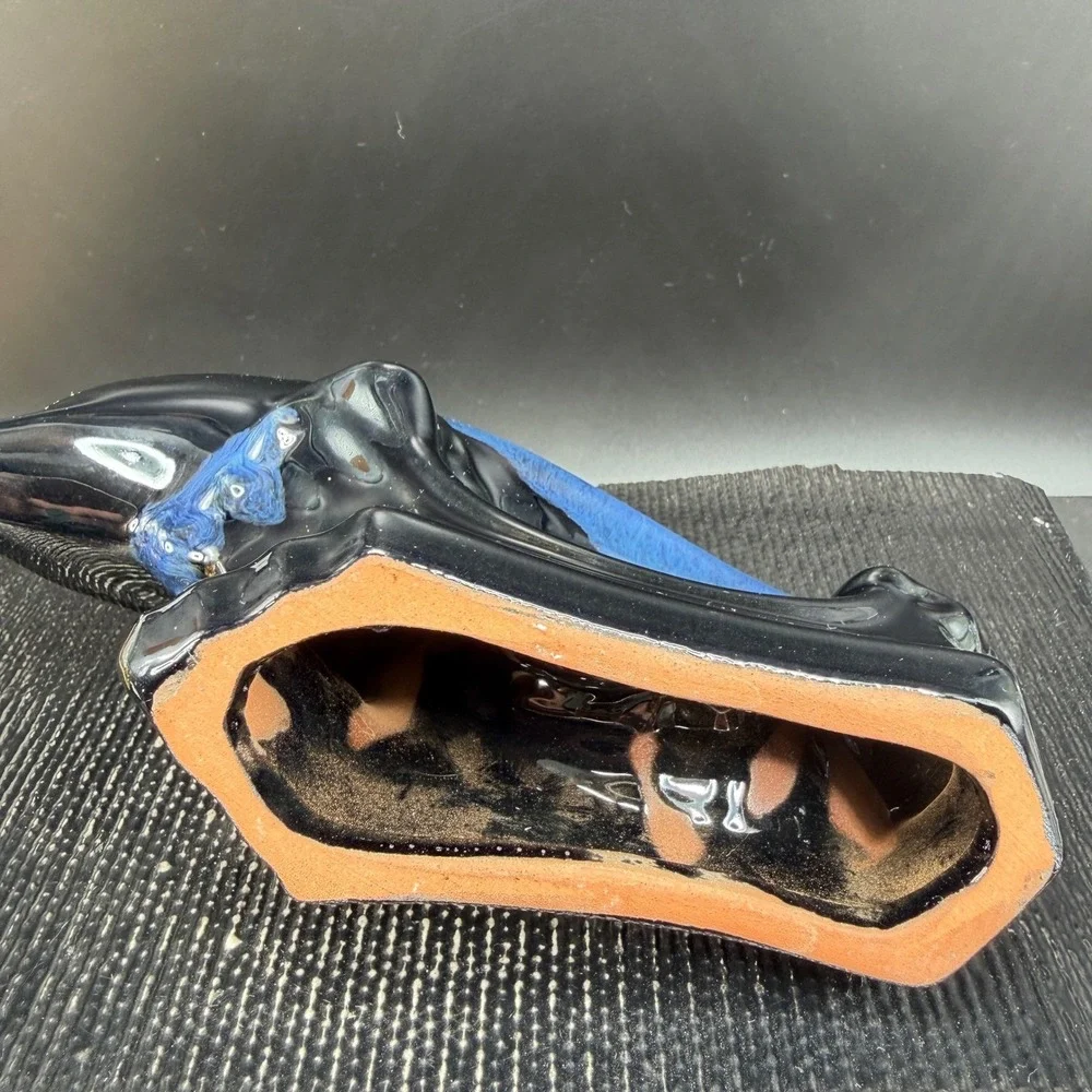Blue Black Drip Glaze Ceramic Dolphin Figurine Nautical Coastal Decor 7 Inch